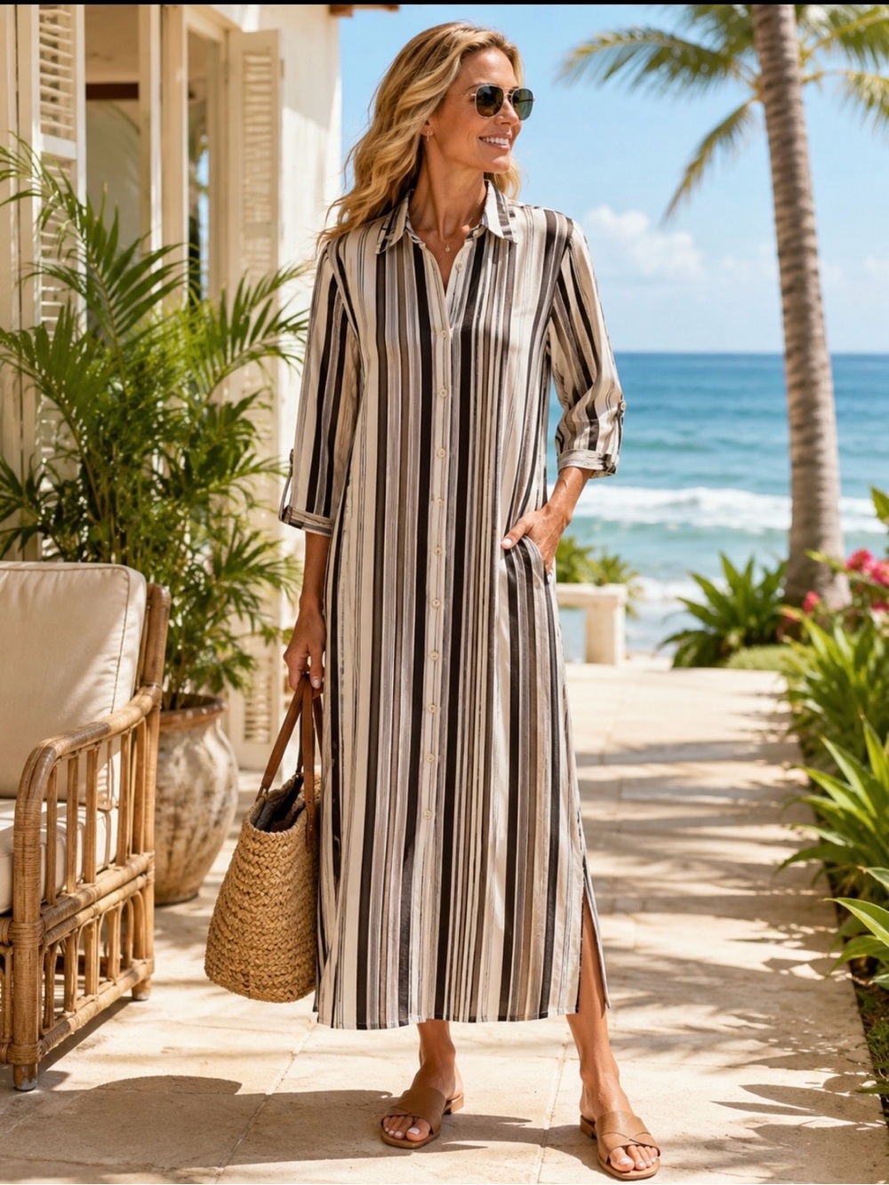 Tommy Bahama Women’s Tan Lines Stripes Midi Duster Dress Cover Up Size M